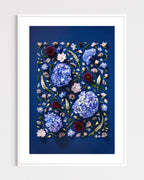 Quiet Queen - fine art floral flatlay of hydrangeas, delphiniums and scabiosa on deep indigo in a white frame, from Quiet Emergence by Connie Chan.