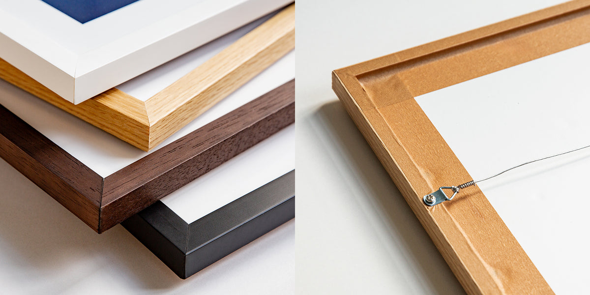 Four frame colour options along side the back of a framed fine art print showing the wire fitted and ready to hang