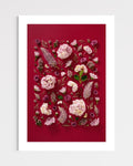 Soft Indulgence - fine art floral flatlay of hydrangeas and mulla mulla on deep raspberry, unframed, from Quiet Emergence by Connie Chan.
