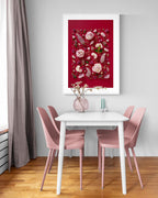 Soft Indulgence - fine art floral flatlay of hydrangeas and mulla mulla on deep raspberry on a dining room wall, from Quiet Emergence by Connie Chan.
