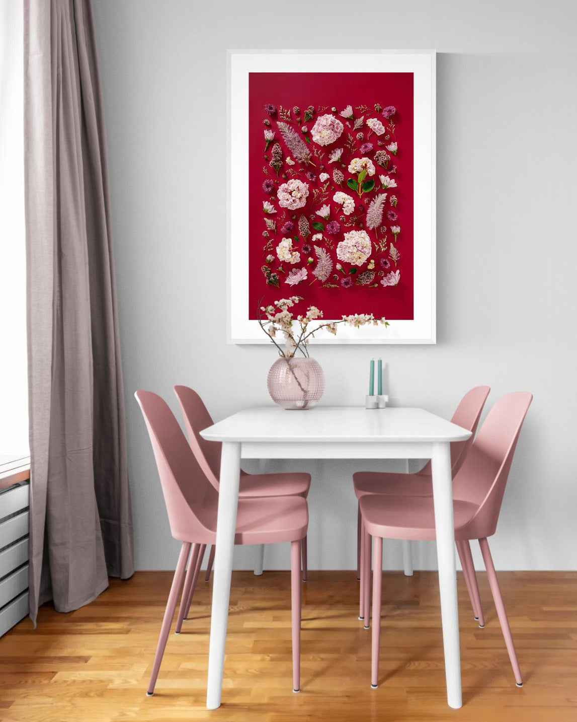 Soft Indulgence - fine art floral flatlay of hydrangeas and mulla mulla on deep raspberry on a dining room wall, from Quiet Emergence by Connie Chan.
