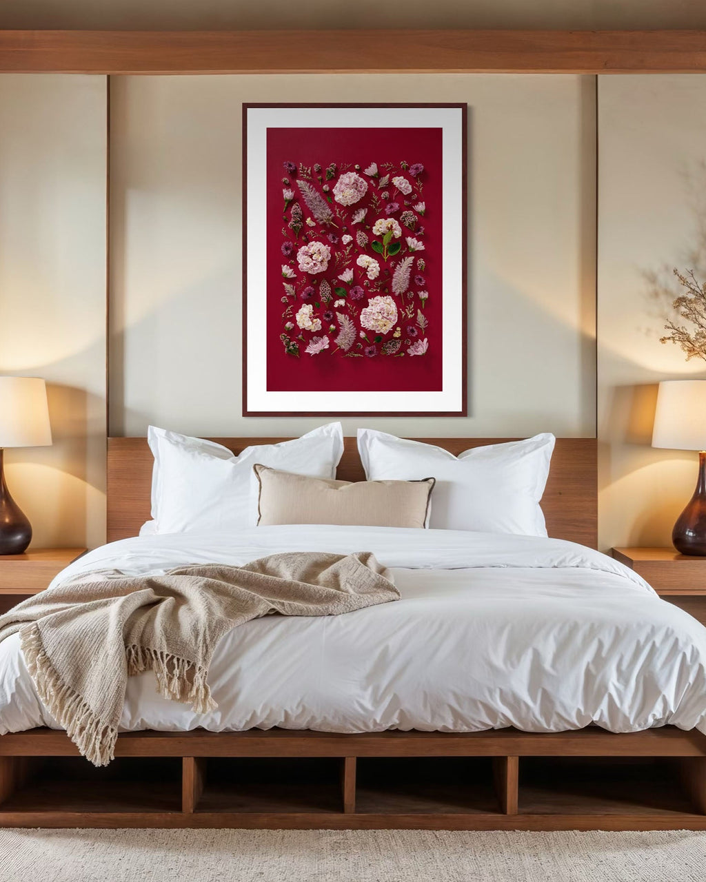 Soft Indulgence - fine art floral flatlay of hydrangeas and mulla mulla on deep raspberry on a bedroom wall, from Quiet Emergence by Connie Chan.

