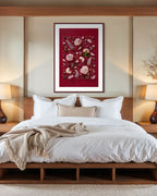 Soft Indulgence - fine art floral flatlay of hydrangeas and mulla mulla on deep raspberry on a bedroom wall, from Quiet Emergence by Connie Chan.
