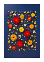 Unapologetic - fine art floral flatlay of red dahlias and gerberas on deep navy, from Quiet Emergence by Connie Chan.
