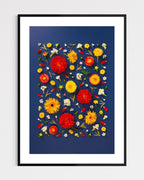 Unapologetic - fine art floral flatlay of red dahlias and gerberas on deep navy in a black frame, from Quiet Emergence by Connie Chan.