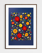 Unapologetic - fine art floral flatlay of red dahlias and gerberas on deep navy in a dark wood frame, from Quiet Emergence by Connie Chan.