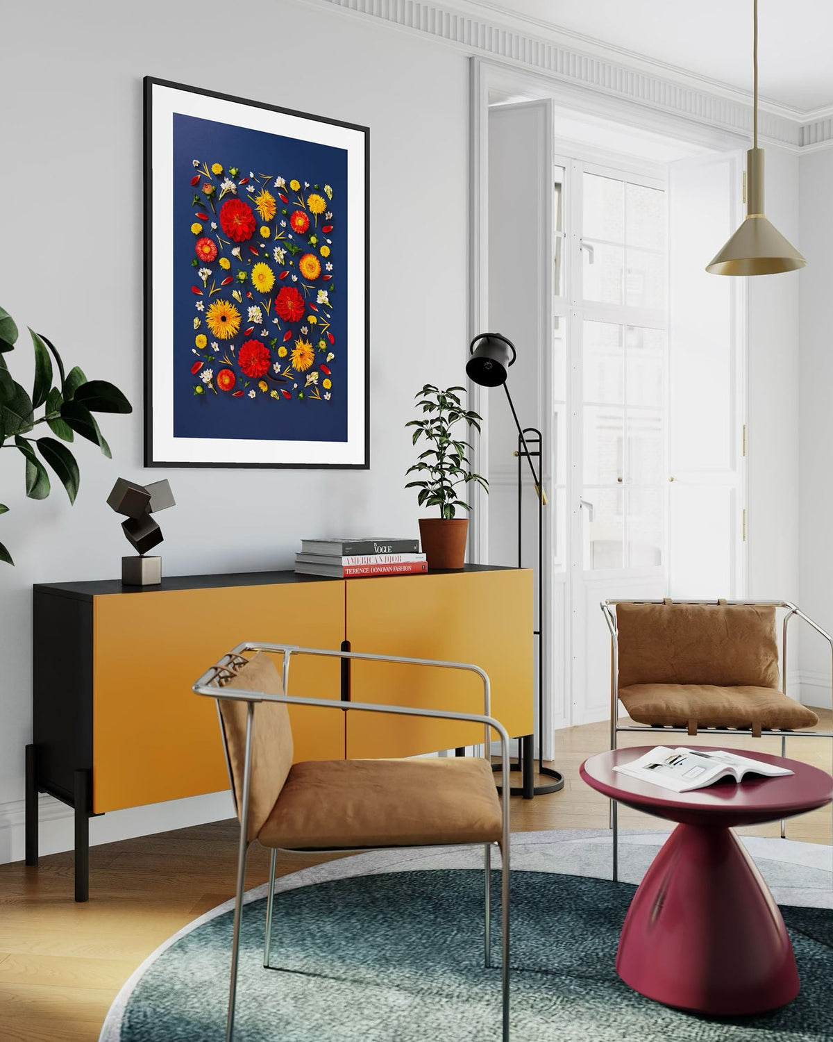 Unapologetic - fine art floral flatlay of red dahlias and gerberas on deep navy on a living room wall, from Quiet Emergence by Connie Chan.
