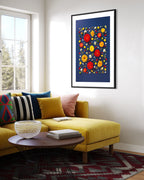 Unapologetic - fine art floral flatlay of red dahlias and gerberas on deep navy on a lounge room wall, from Quiet Emergence by Connie Chan.
