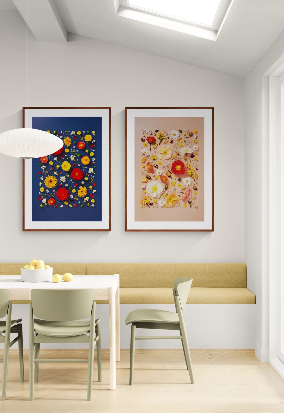 Unapologetic and Joy and Lightness - floral art flatlays, framed and displayed on a kitchen wall. From the collection Quiet Emergence by Connie Chan. 